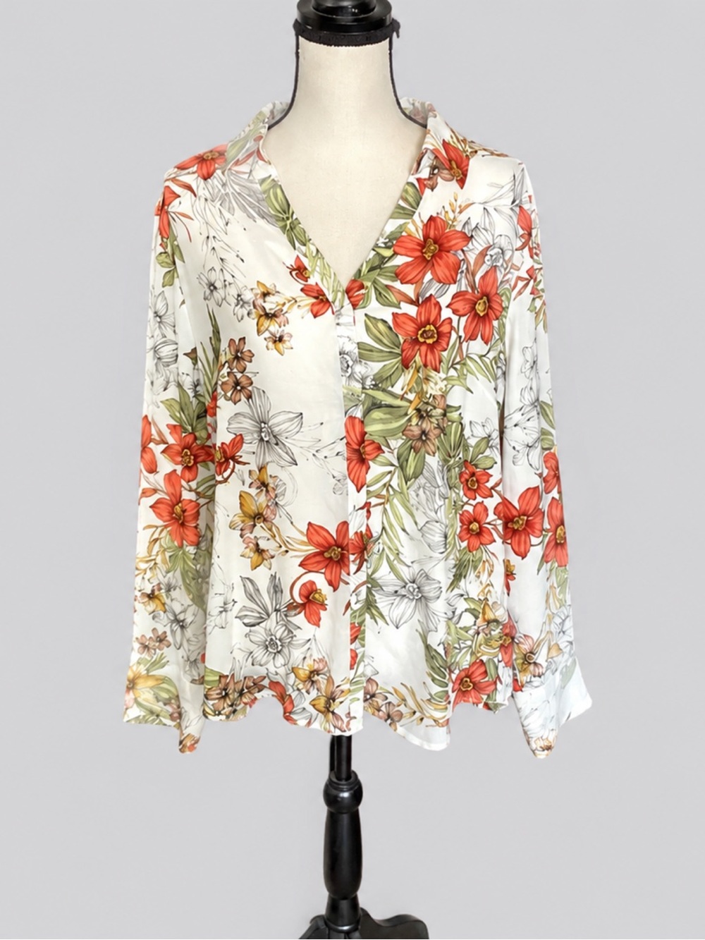 Worthington White Floral Button-Down Shirt with Red & Green Accents